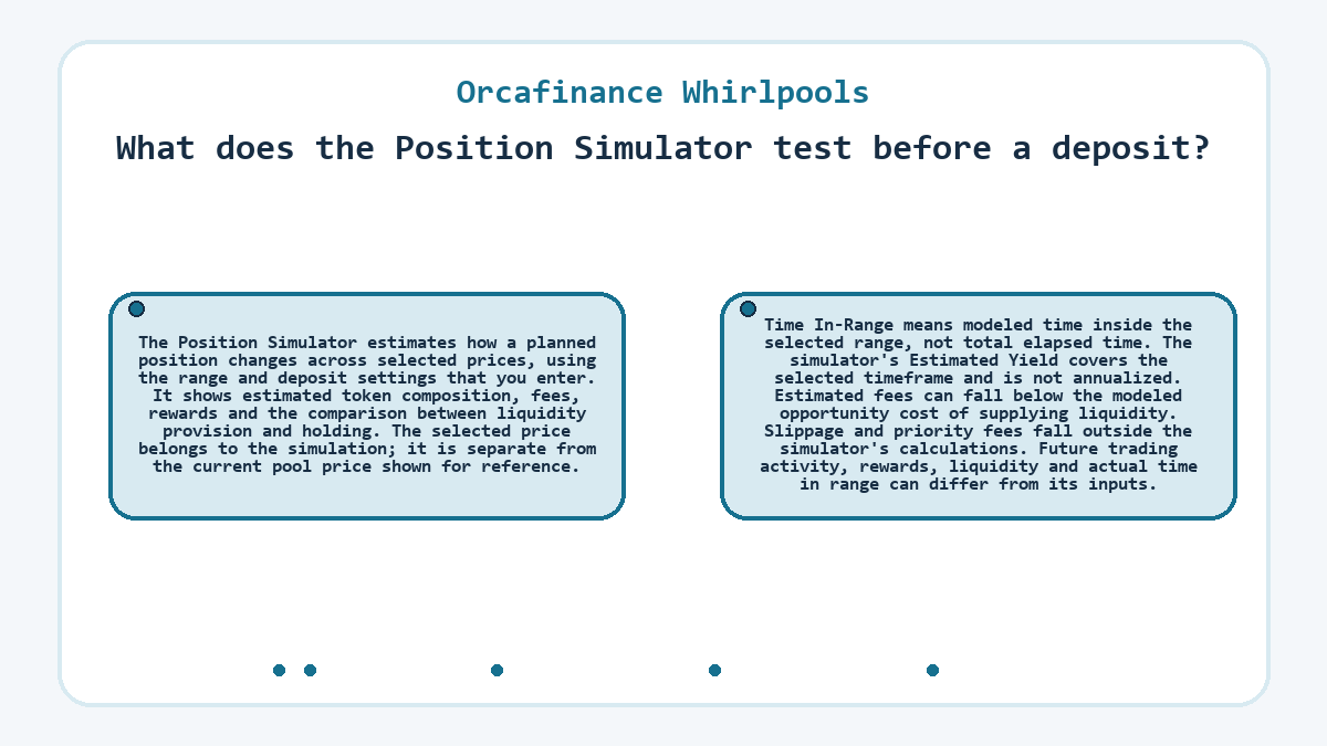 Orcafinance Whirlpools: What does the Position Simulator test before a deposit?